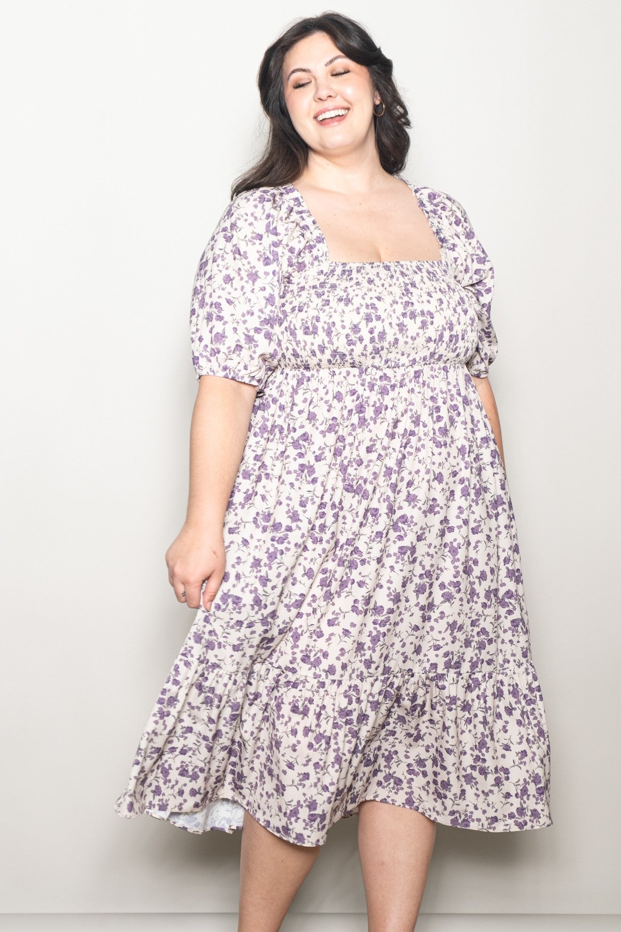Cream Floral Smocked Plus Midi Dress