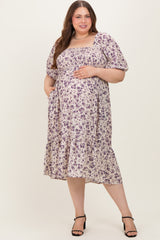 Cream Floral Smocked Maternity Plus Midi Dress
