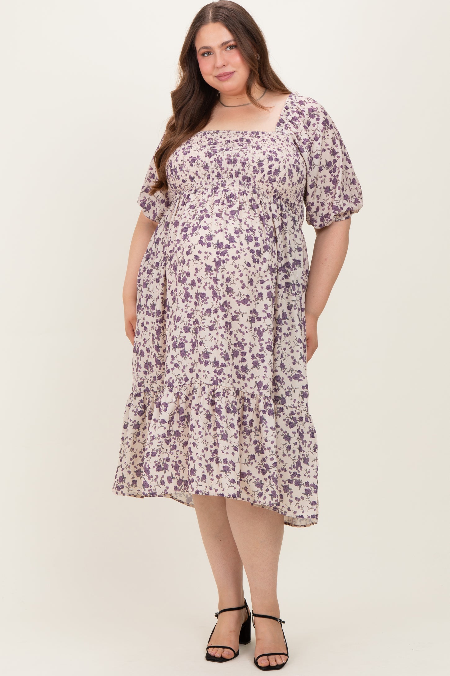 Cream Floral Smocked Maternity Plus Midi Dress