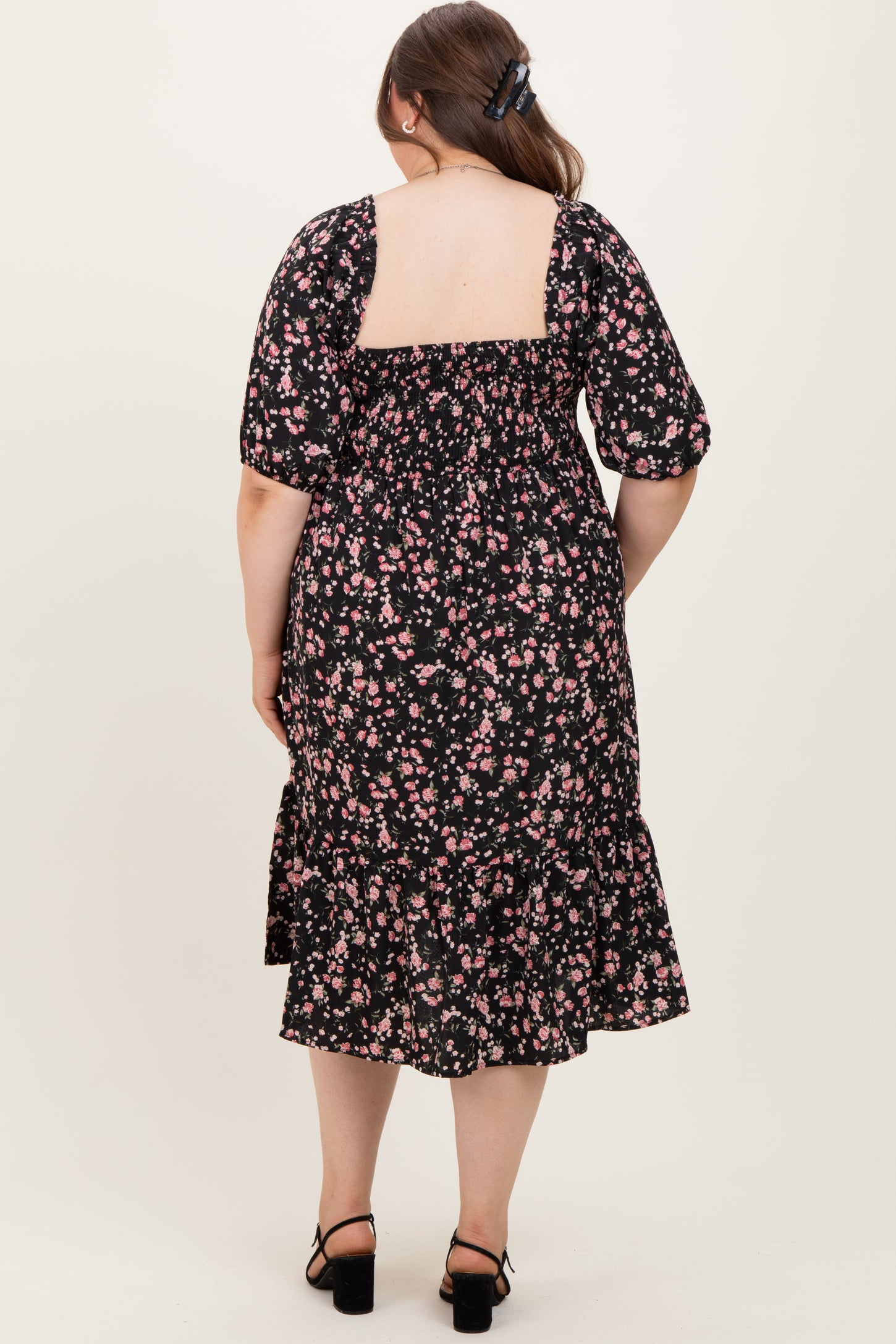 maternity clothes cocktail dress Black Floral Smocked Maternity Plus Midi Dress