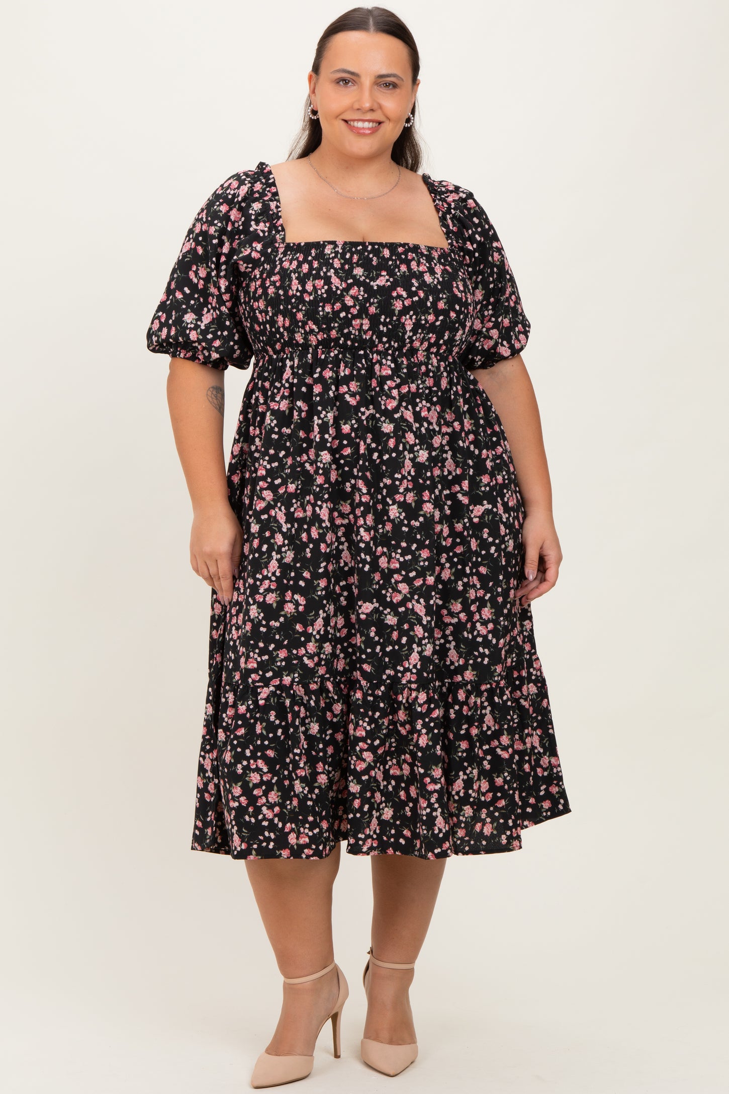 black floral smocked midi dress Black Floral Smocked Midi Dress
