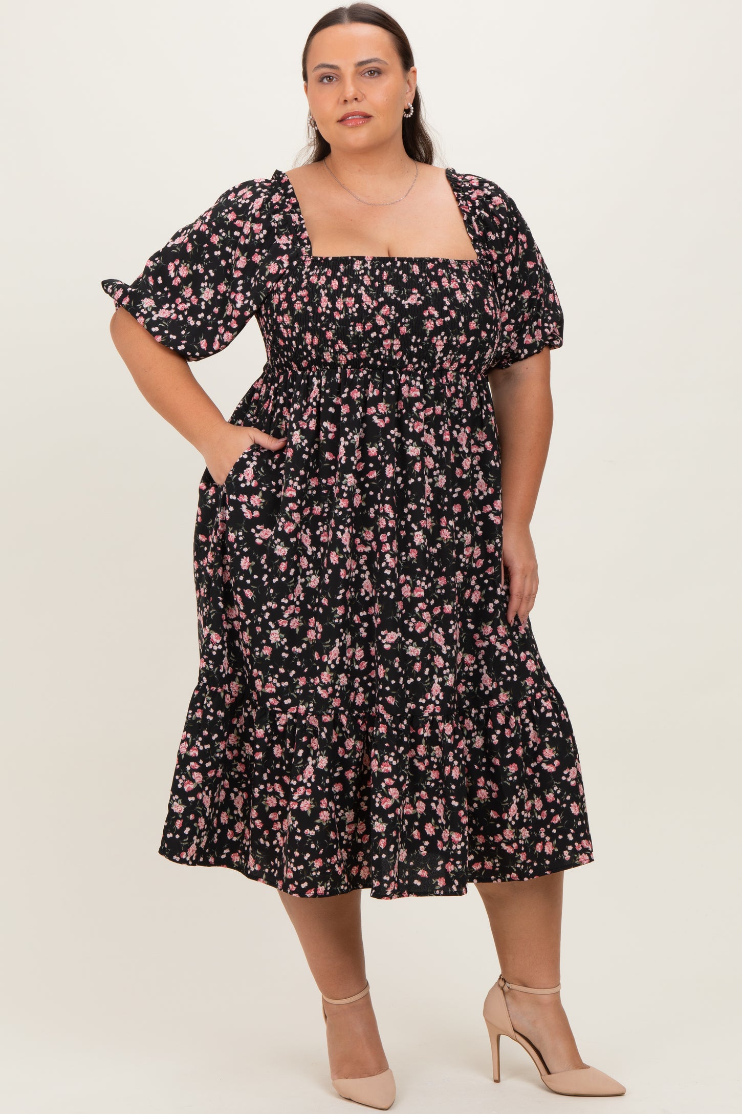Black Floral Smocked Plus Midi Dress