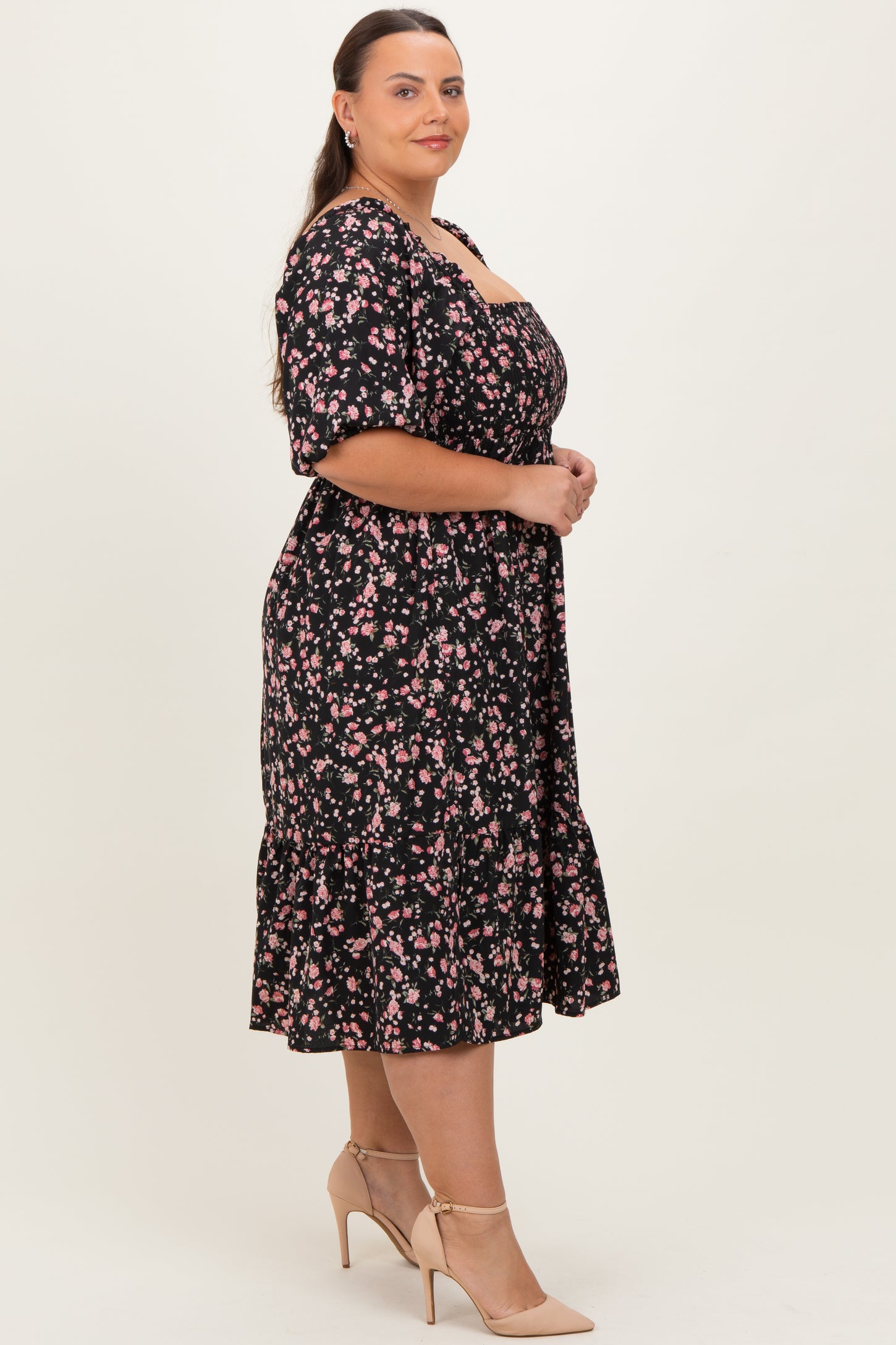 dark floral midi dress Petal and Pup Women's Floret Plus A Back Neck Opening With Button Close Black Floral Smocked Plus Midi