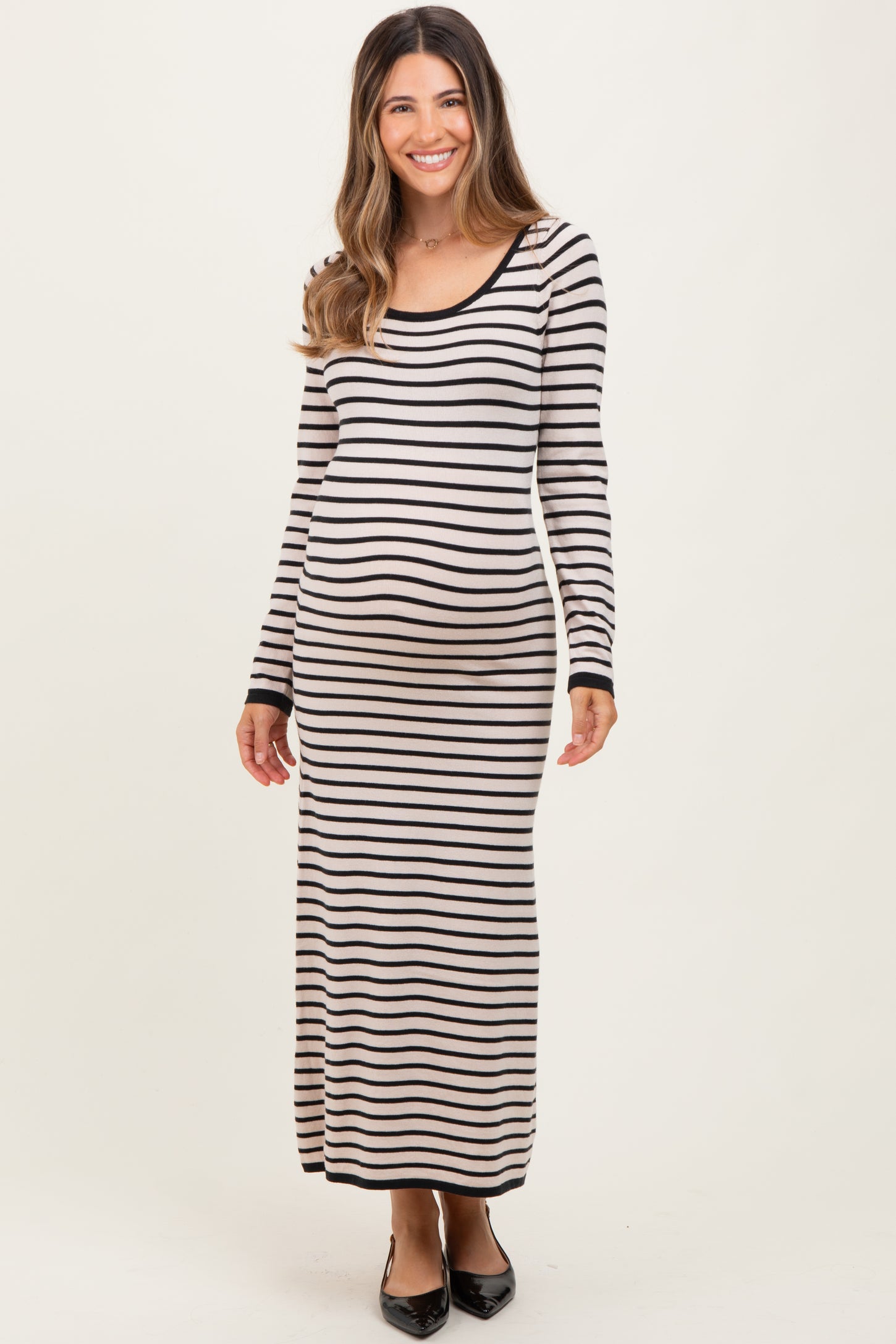 Black Striped Cutout Long Sleeve Maternity Maxi Dress