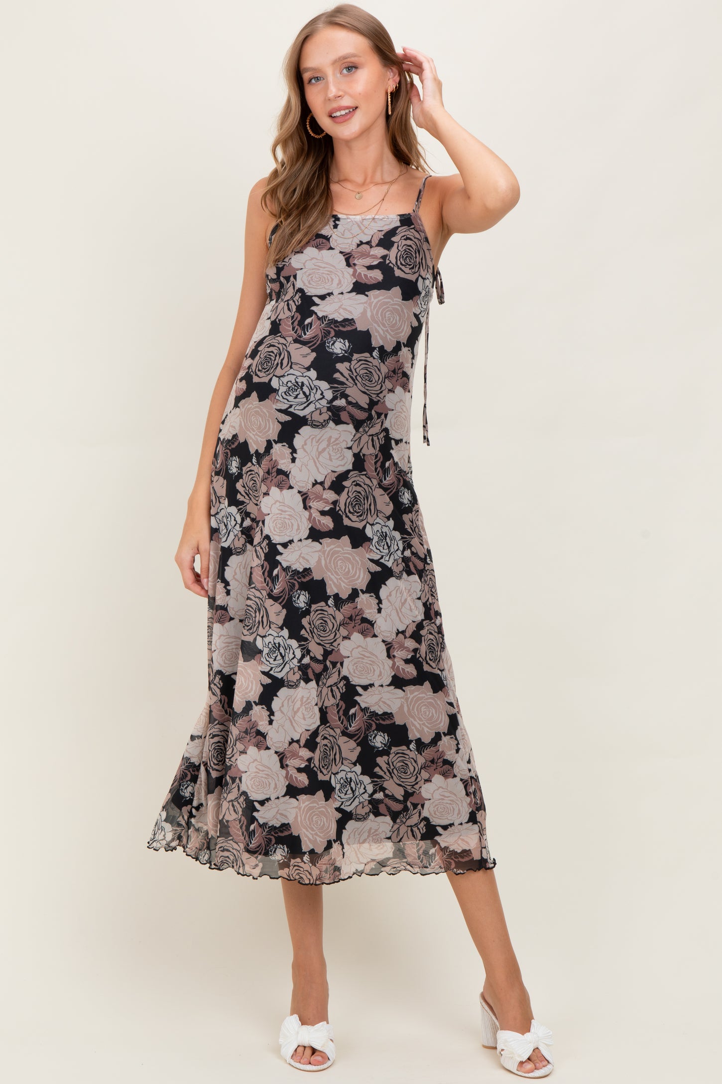 Black Rose Print Mesh Sleeveless Maternity Midi Dress