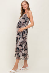 Black Rose Print Mesh Sleeveless Maternity Midi Dress