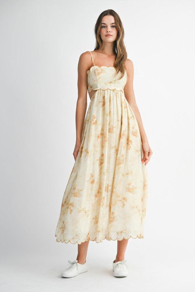 Yellow Faded Floral Scallop Edge Cutout Maternity Midi Dress