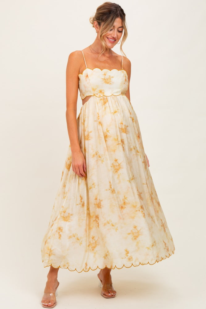 Yellow Faded Floral Scallop Edge Cutout Maternity Midi Dress