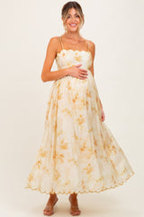 Yellow Faded Floral Scallop Edge Cutout Maternity Midi Dress
