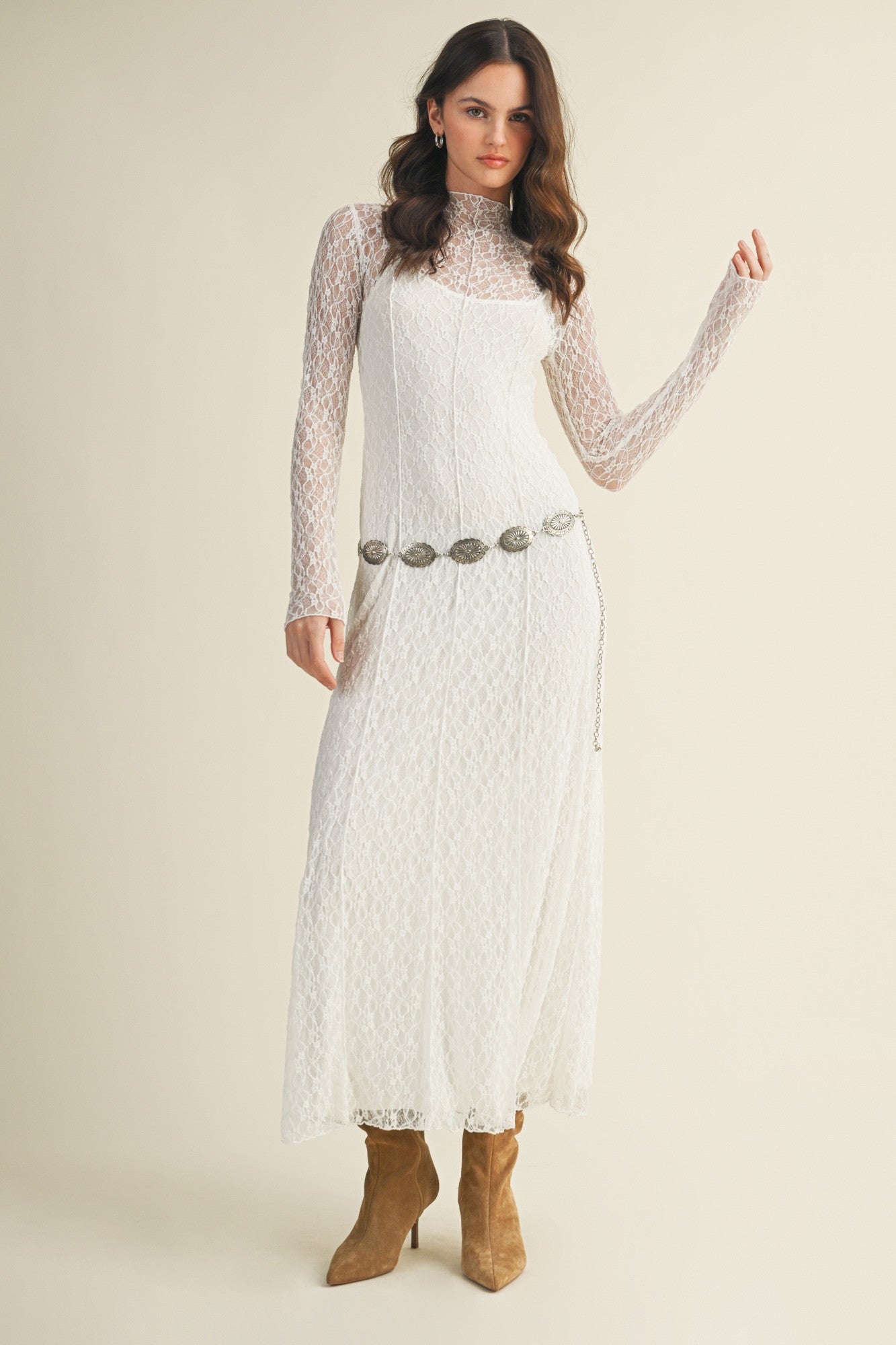 White Lace Mock Neck Long Sleeve Maxi Dress