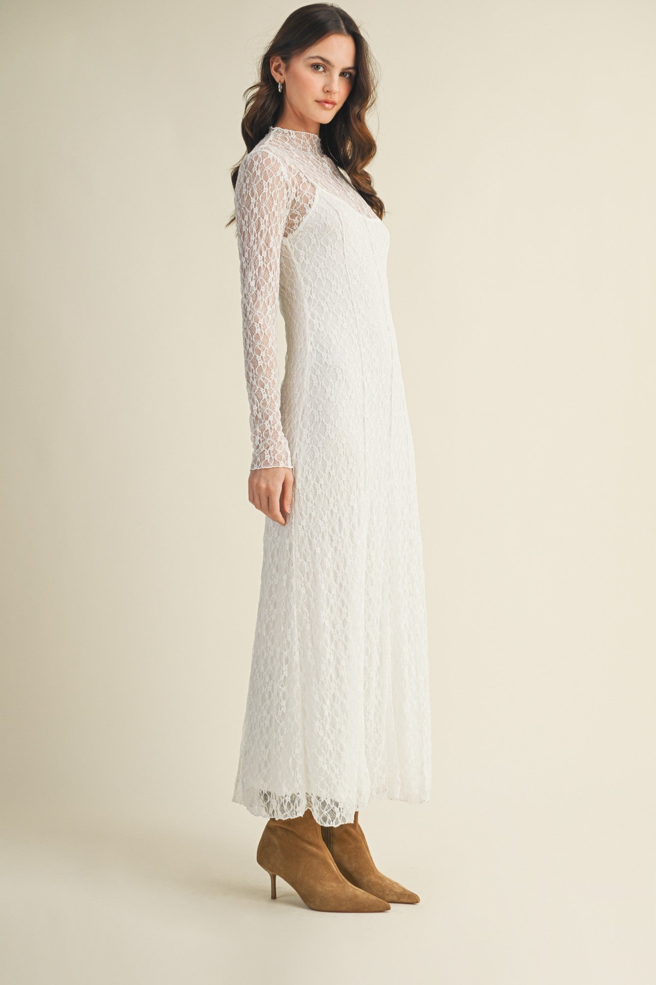 White Lace Mock Neck Long Sleeve Maxi Dress