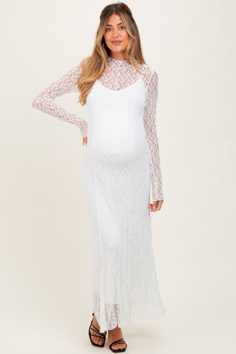 lace white maternity dress Mock Neck Long Sleeve Maxi exclusion friendly! Color:White Ajoure Pique Creating clothing with mesh
