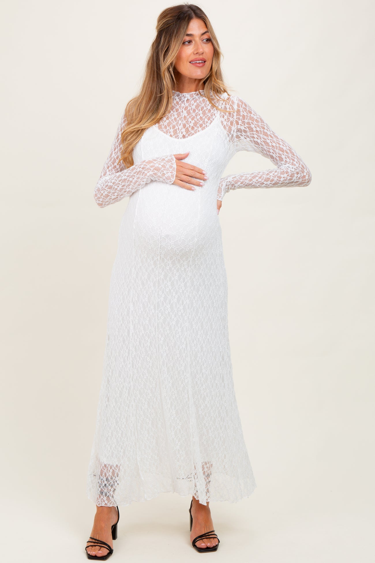 White Lace Mock Neck Long Sleeve Maternity Maxi Dress – PinkBlush