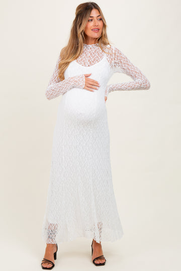 White Lace Mock Neck Long Sleeve Maternity Maxi Dress