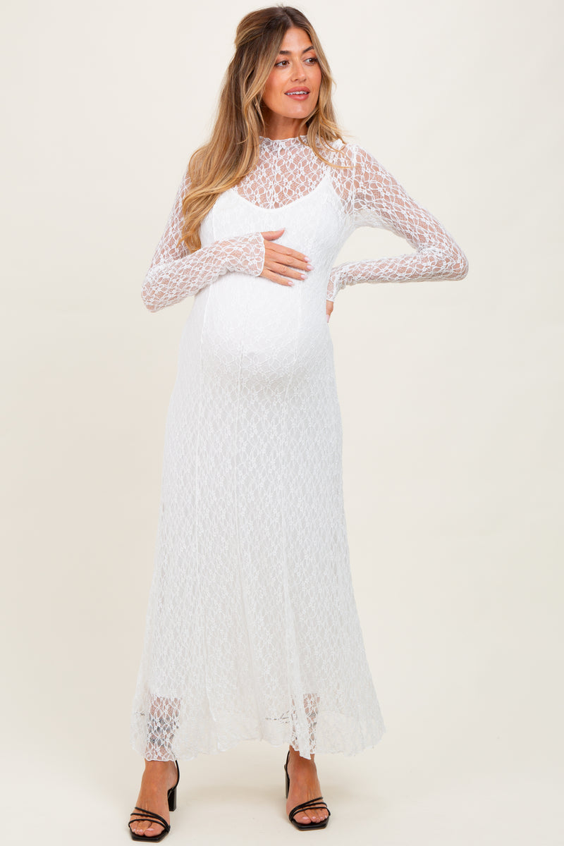 White Lace Mock Neck Long Sleeve Maternity Maxi Dress PinkBlush White Lace Mock Neck Long Sleeve Maternity Maxi Dress PinkBlush