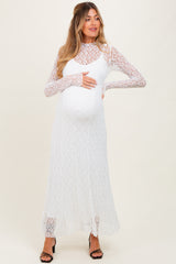 White Lace Mock Neck Long Sleeve Maternity Maxi Dress