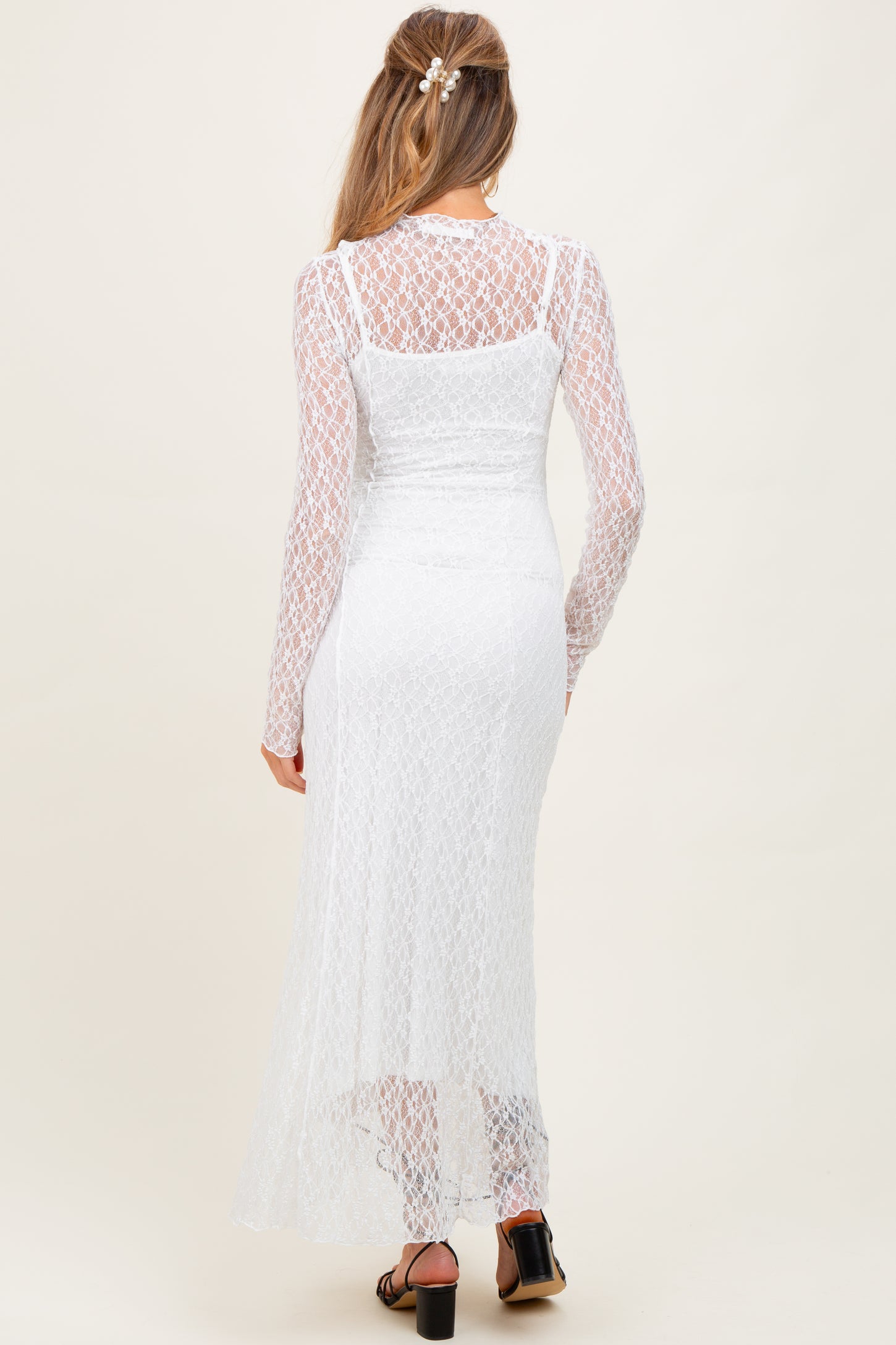 White Lace Mock Neck Long Sleeve Maternity Maxi Dress PinkBlush White Lace Mock Neck Long Sleeve Maternity Maxi Dress PinkBlush