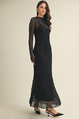 Black Lace Mock Neck Long Sleeve Maxi Dress