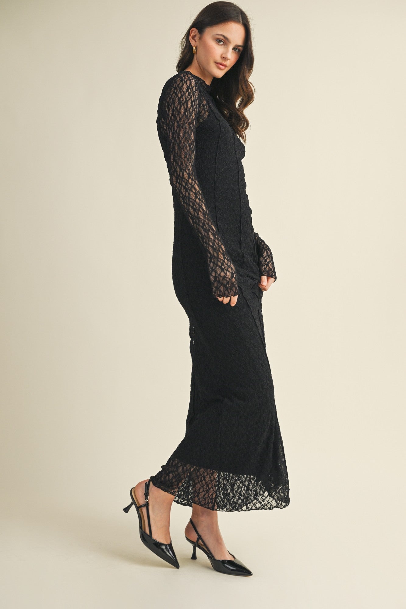 Black Lace Mock Neck Long Sleeve Maxi Dress Black Lace Mock Neck Long Sleeve Maxi Dress