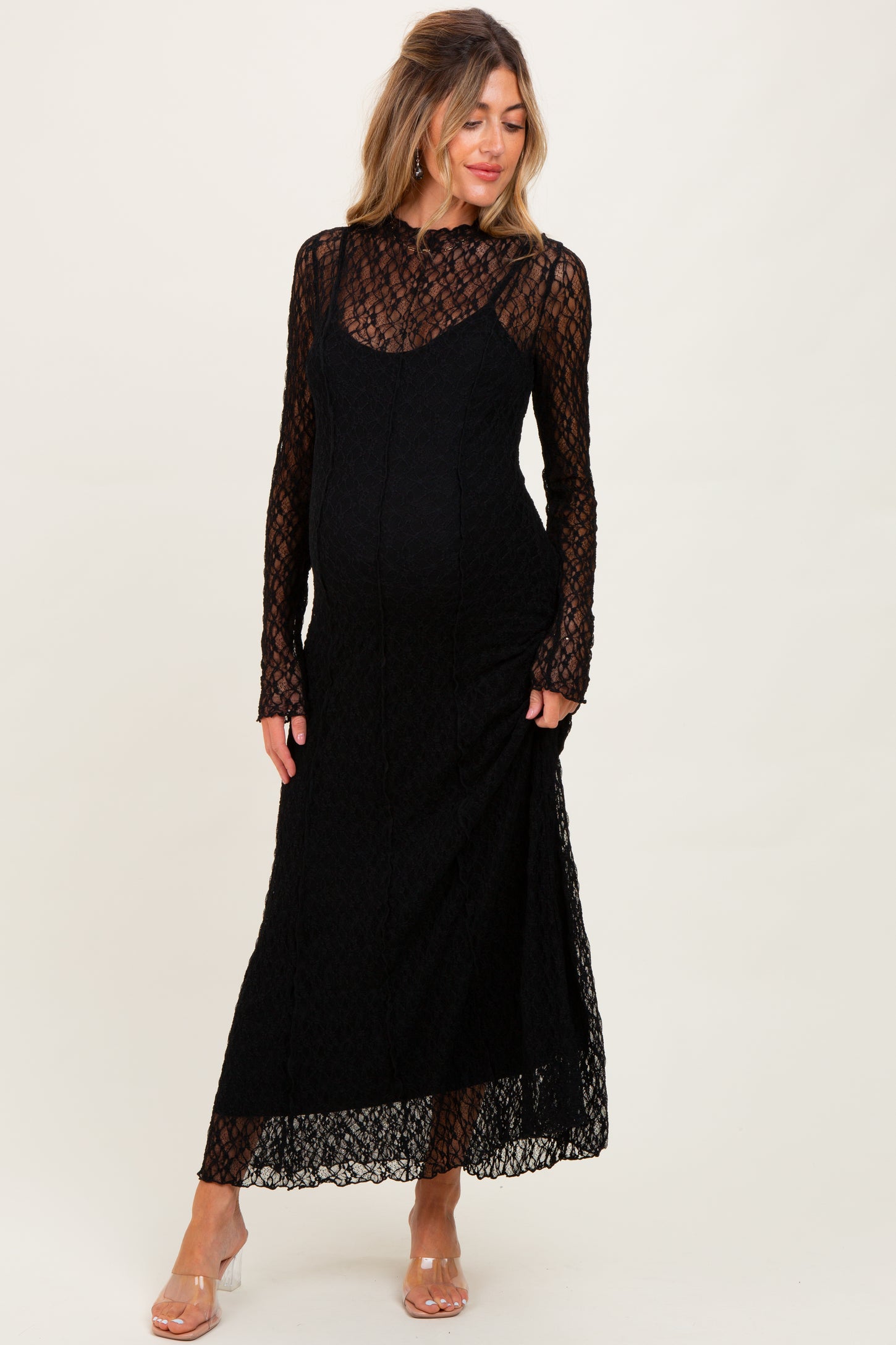 Black Lace Mock Neck Long Sleeve Maternity Maxi Dress Black Lace Mock Neck Long Sleeve Maternity Maxi Dress