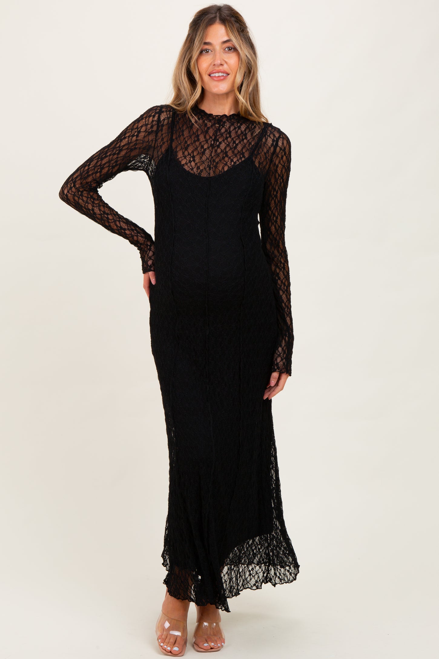 Black Lace Mock Neck Long Sleeve Maternity Maxi Dress Black Lace Mock Neck Long Sleeve Maternity Maxi Dress