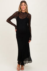 Black Lace Mock Neck Long Sleeve Maternity Maxi Dress