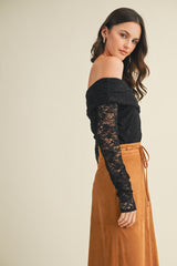 Black Lace Off Shoulder Long Sleeve Top