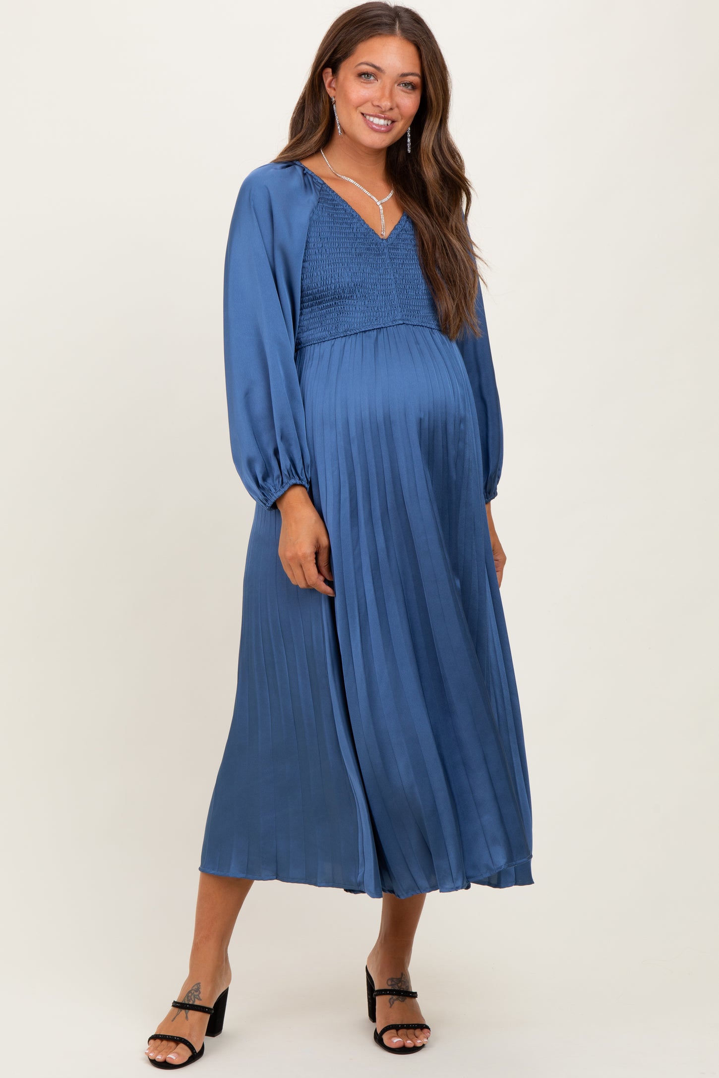 Blue Satin Smocked Pleated Maternity Midi Dress Blue Satin Smocked Pleated Maternity Midi Dress