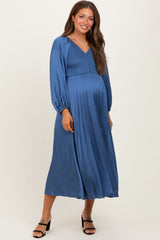 Blue Satin Smocked Pleated Maternity Midi Dress