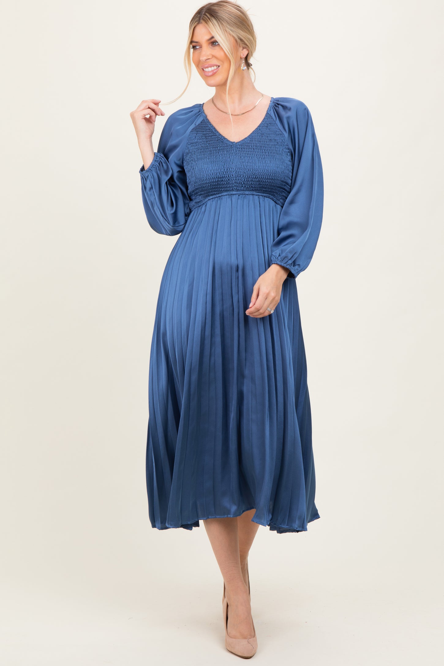 blue pleated midi dress Blythe Pleated Midi Dress