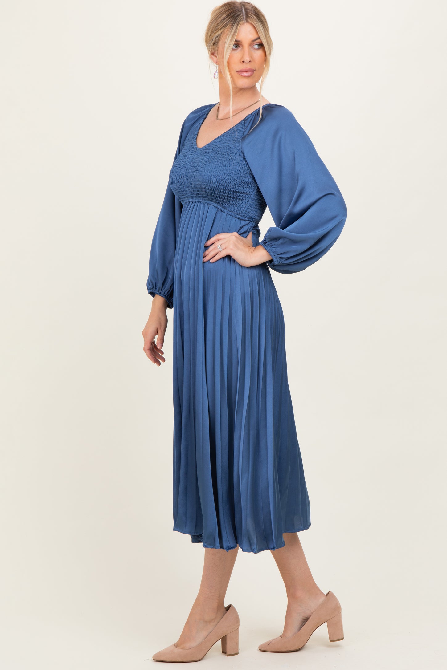 smocked silk midi dress Blue Satin Smocked Pleated Midi Dress