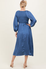 Blue Satin Smocked Pleated Midi Dress