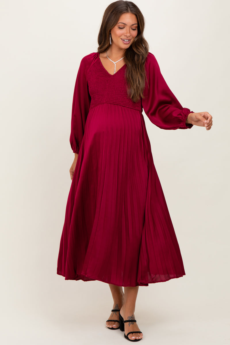 Burgundy Satin Smocked Pleated Maternity Midi Dress – PinkBlush