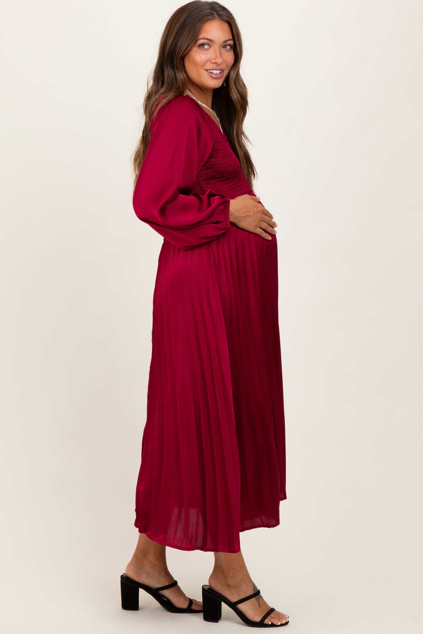 Burgundy Satin Smocked Pleated Maternity Midi Dress