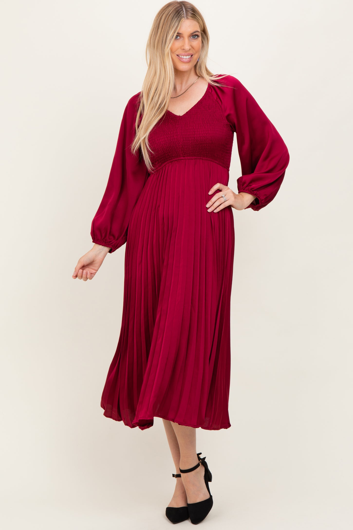 Burgundy Satin Smocked Pleated Midi Dress Burgundy Satin Smocked Pleated Midi Dress