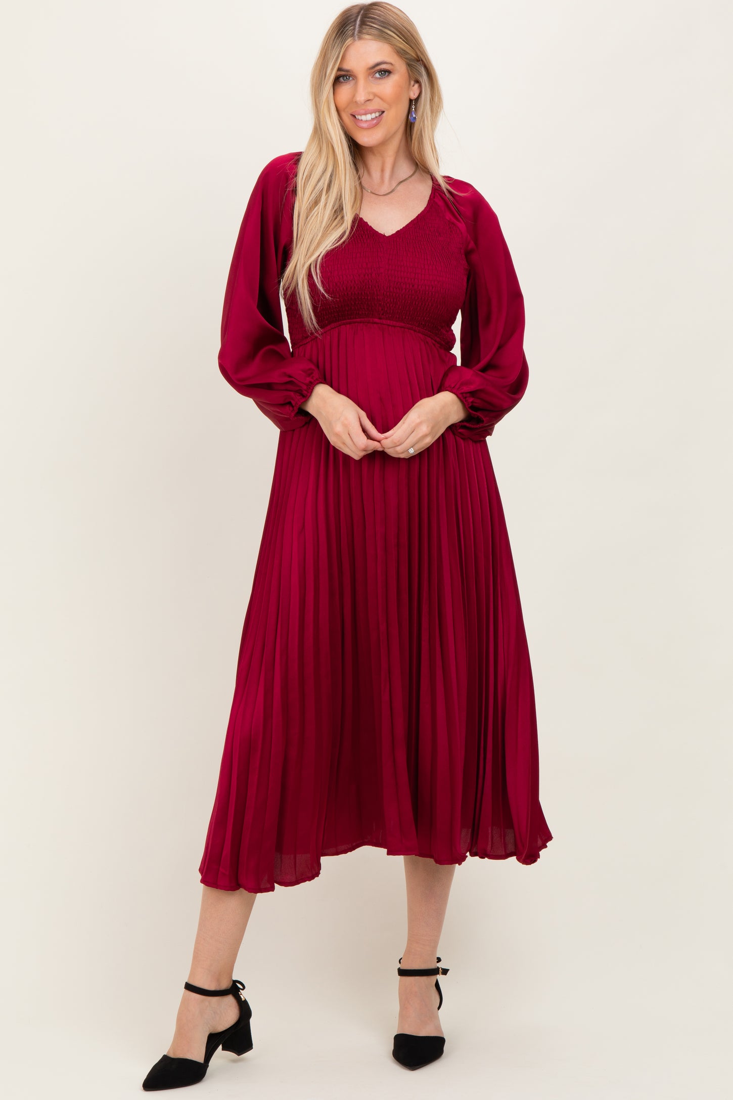 Burgundy Satin Smocked Pleated Midi Dress Burgundy Satin Smocked Pleated Midi Dress