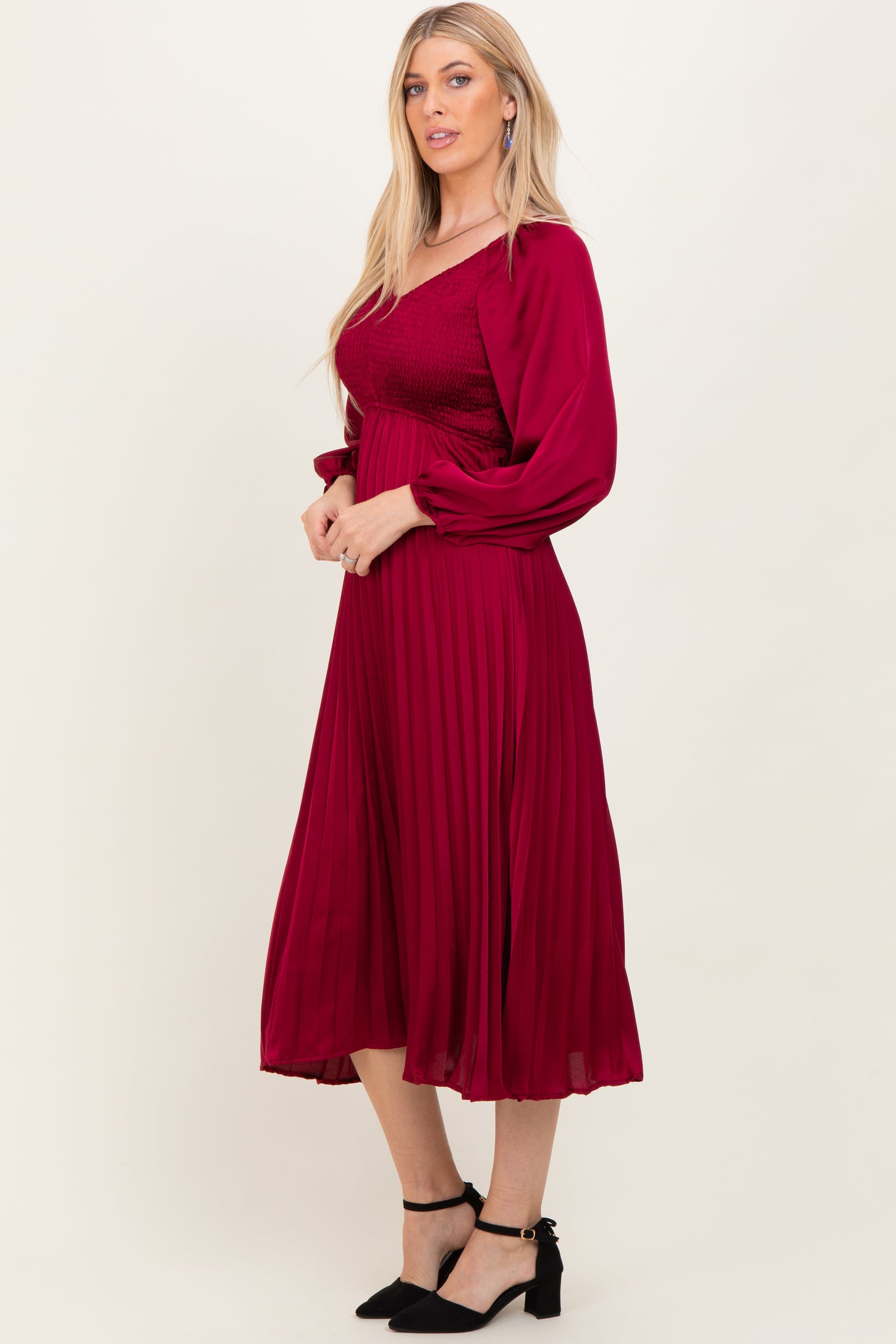 Burgundy Satin Smocked Pleated Midi Dress Burgundy Satin Smocked Pleated Midi Dress