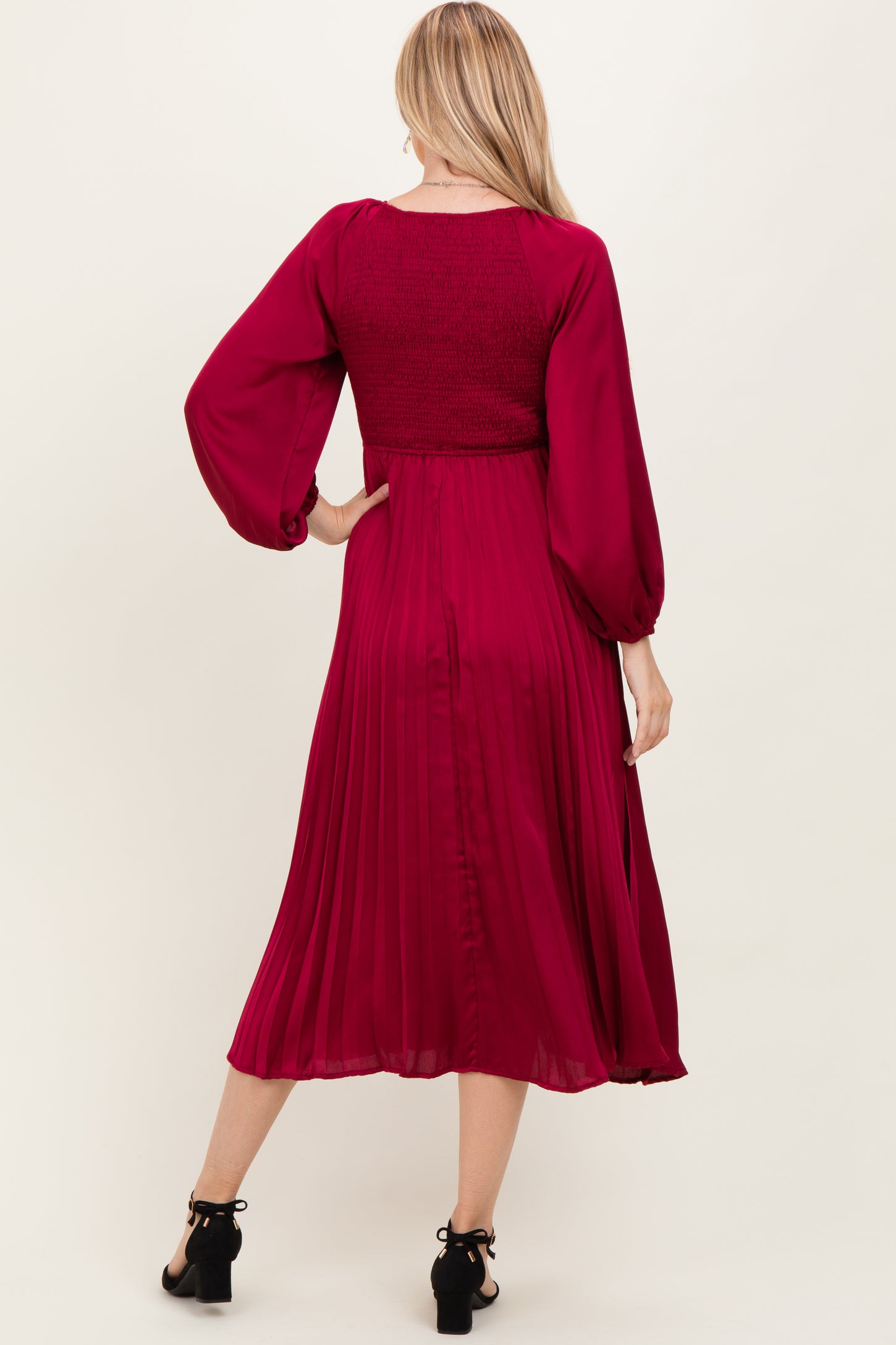Burgundy Satin Smocked Pleated Midi Dress Burgundy Satin Smocked Pleated Midi Dress