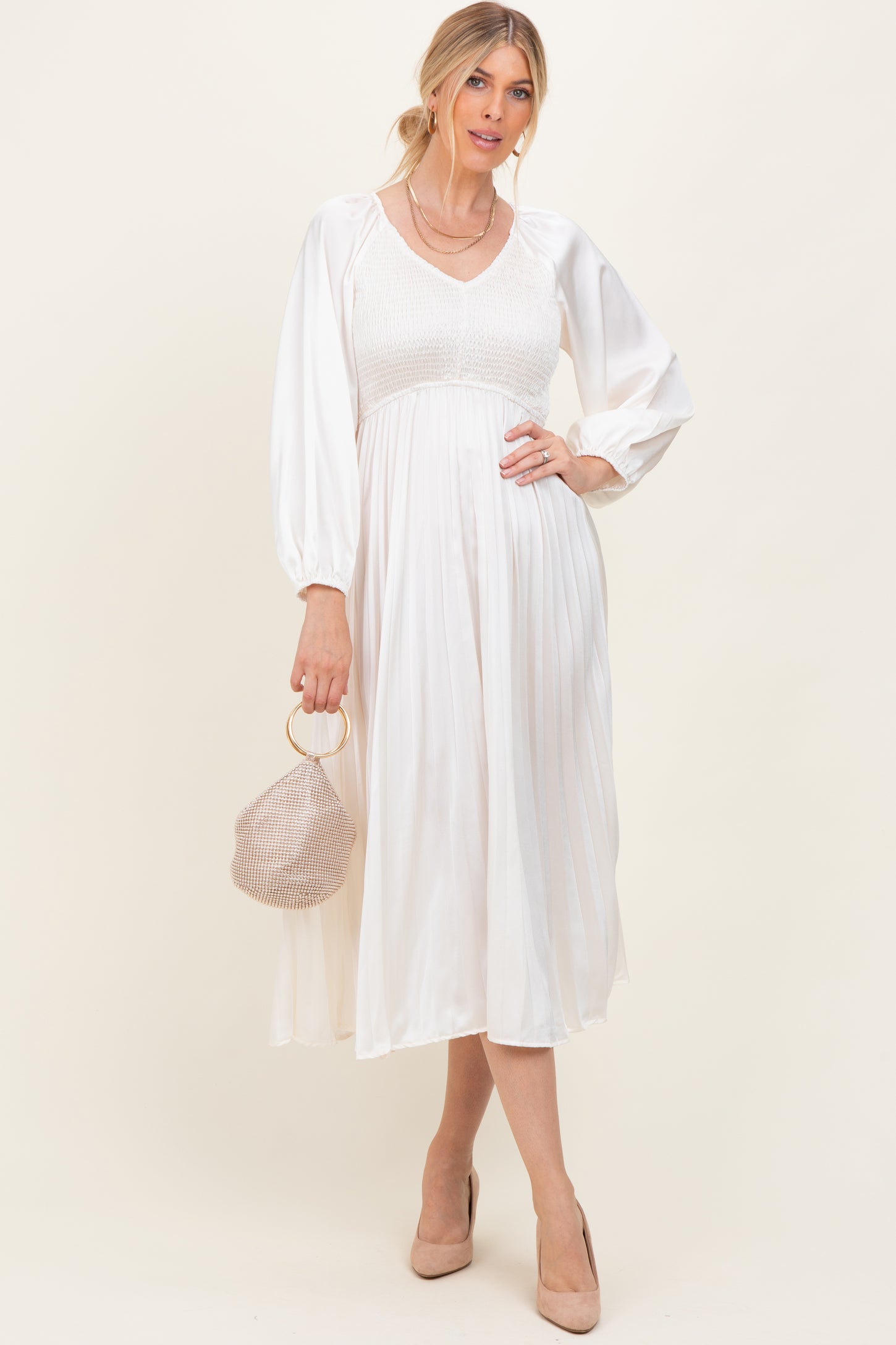 cream satin maternity dress Cream Satin Plisse V-Neck Maternity Maxi Dress