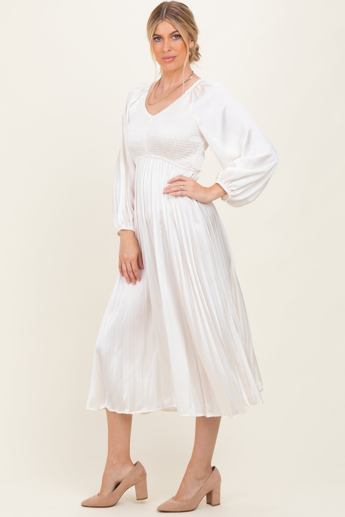 Cream Satin Smocked Pleated Midi Dress