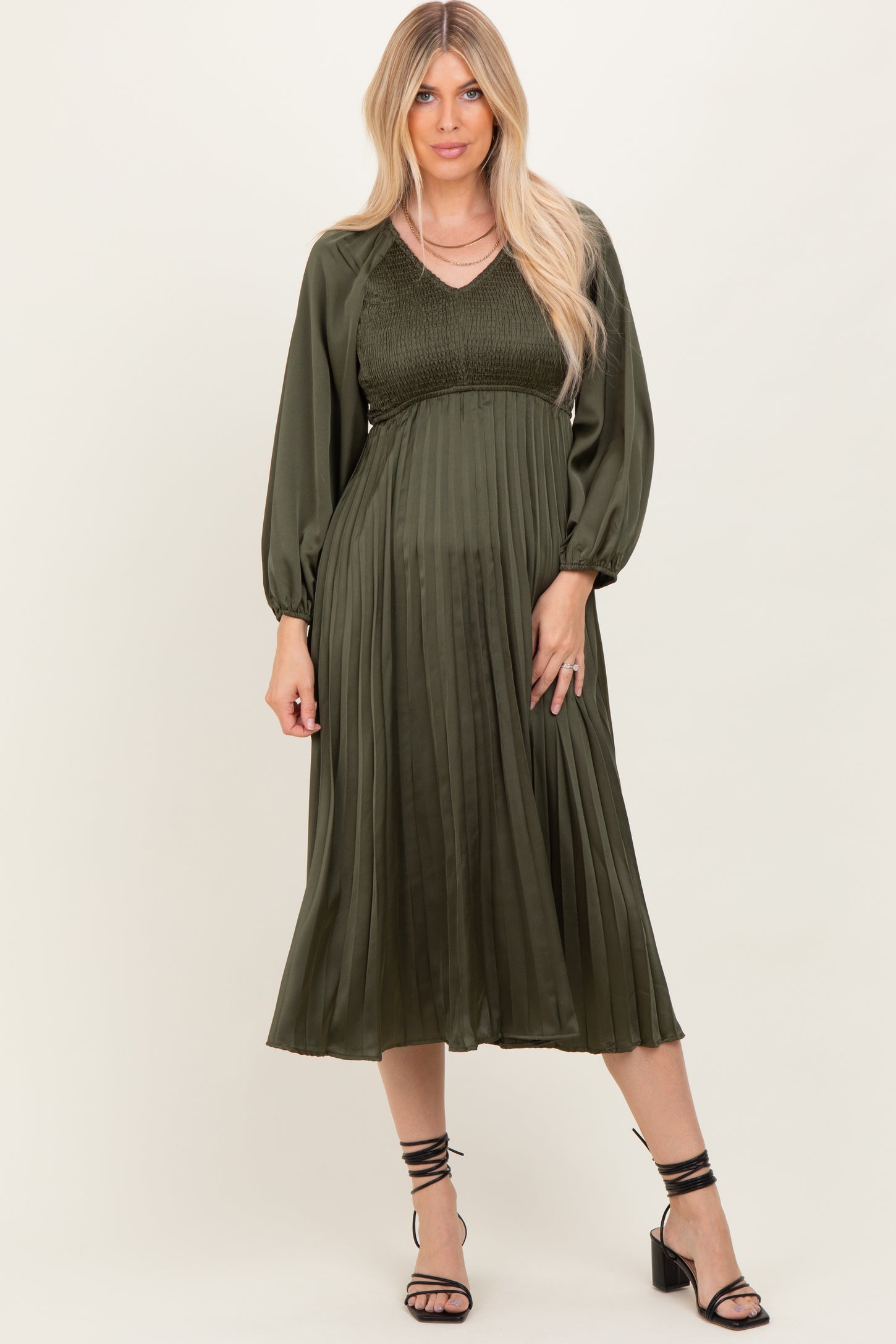 Olive Satin Smocked Pleated Maternity Midi Dress – PinkBlush