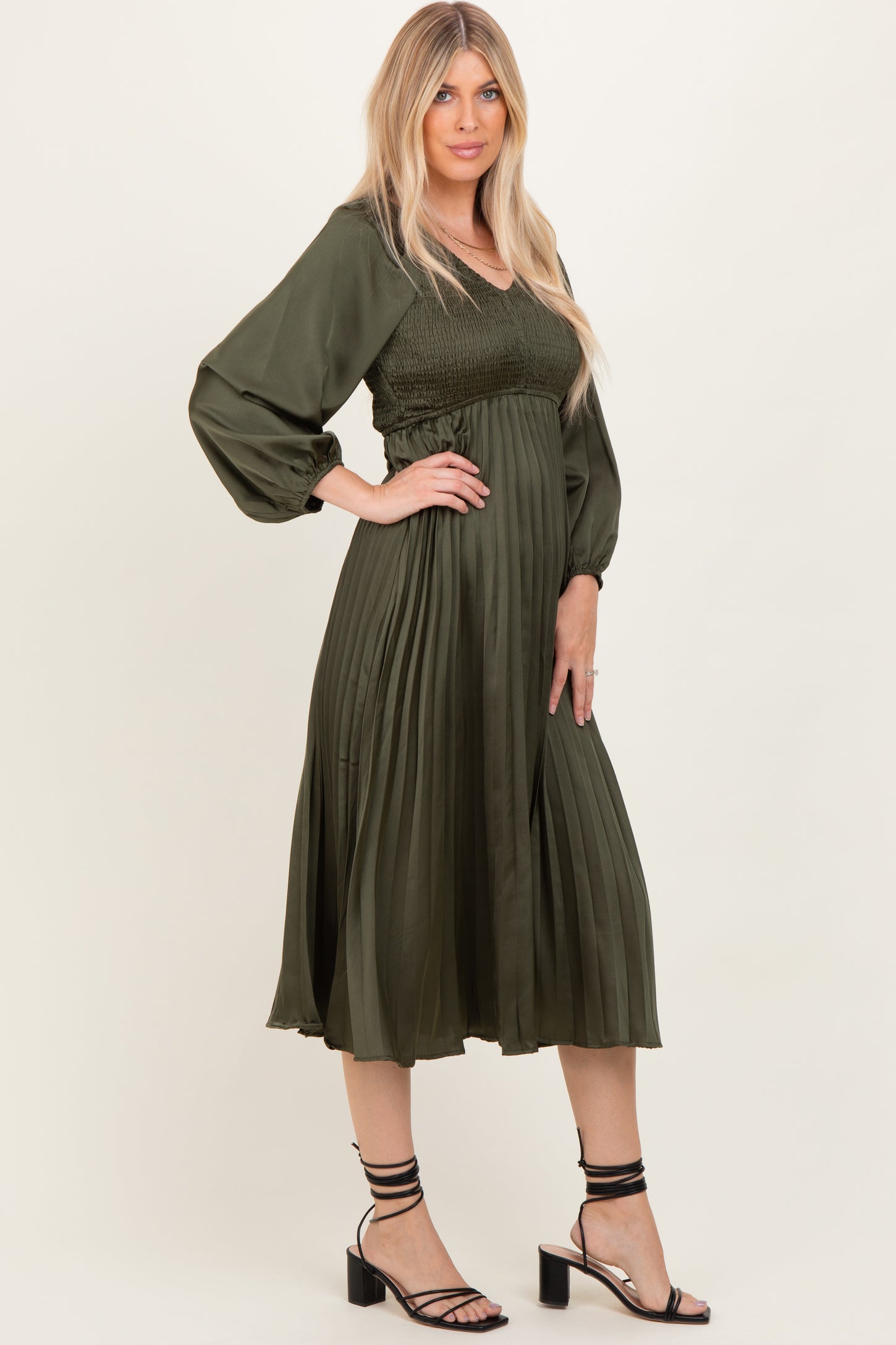 Olive Satin Smocked Pleated Midi Dress