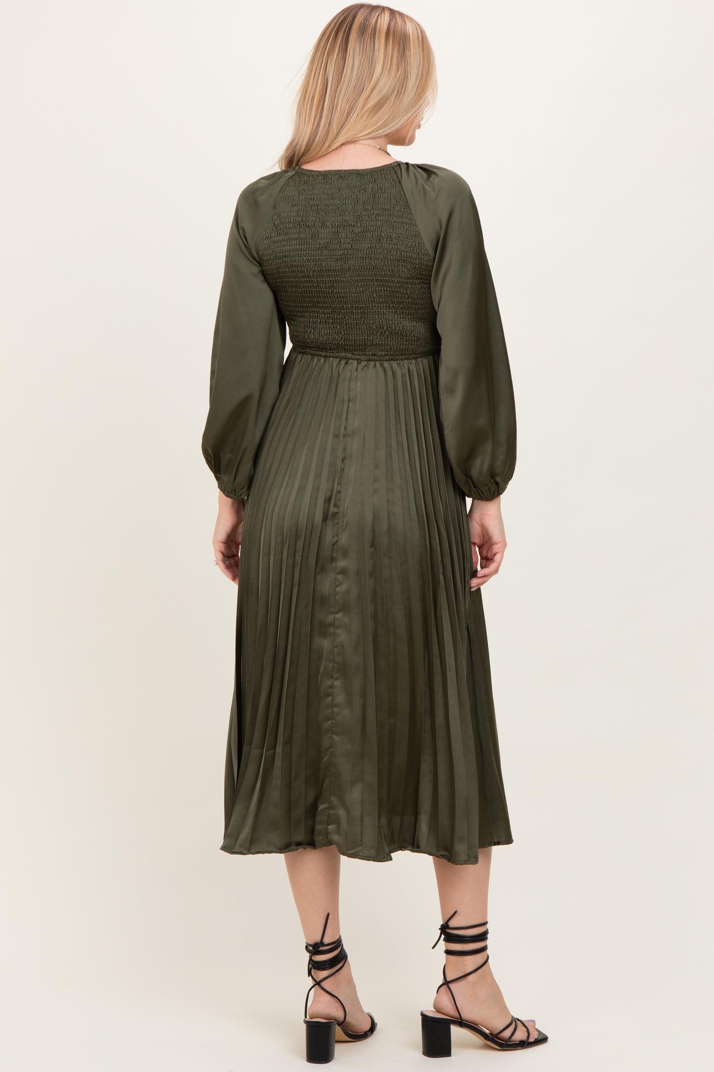 Olive Satin Smocked Pleated Midi Dress