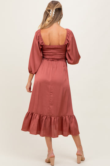 Mauve Satin Smocked Cinched Bust Maternity Midi Dress
