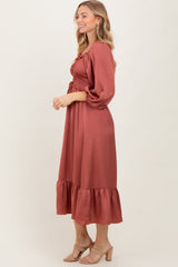 Mauve Satin Smocked Cinched Bust Midi Dress
