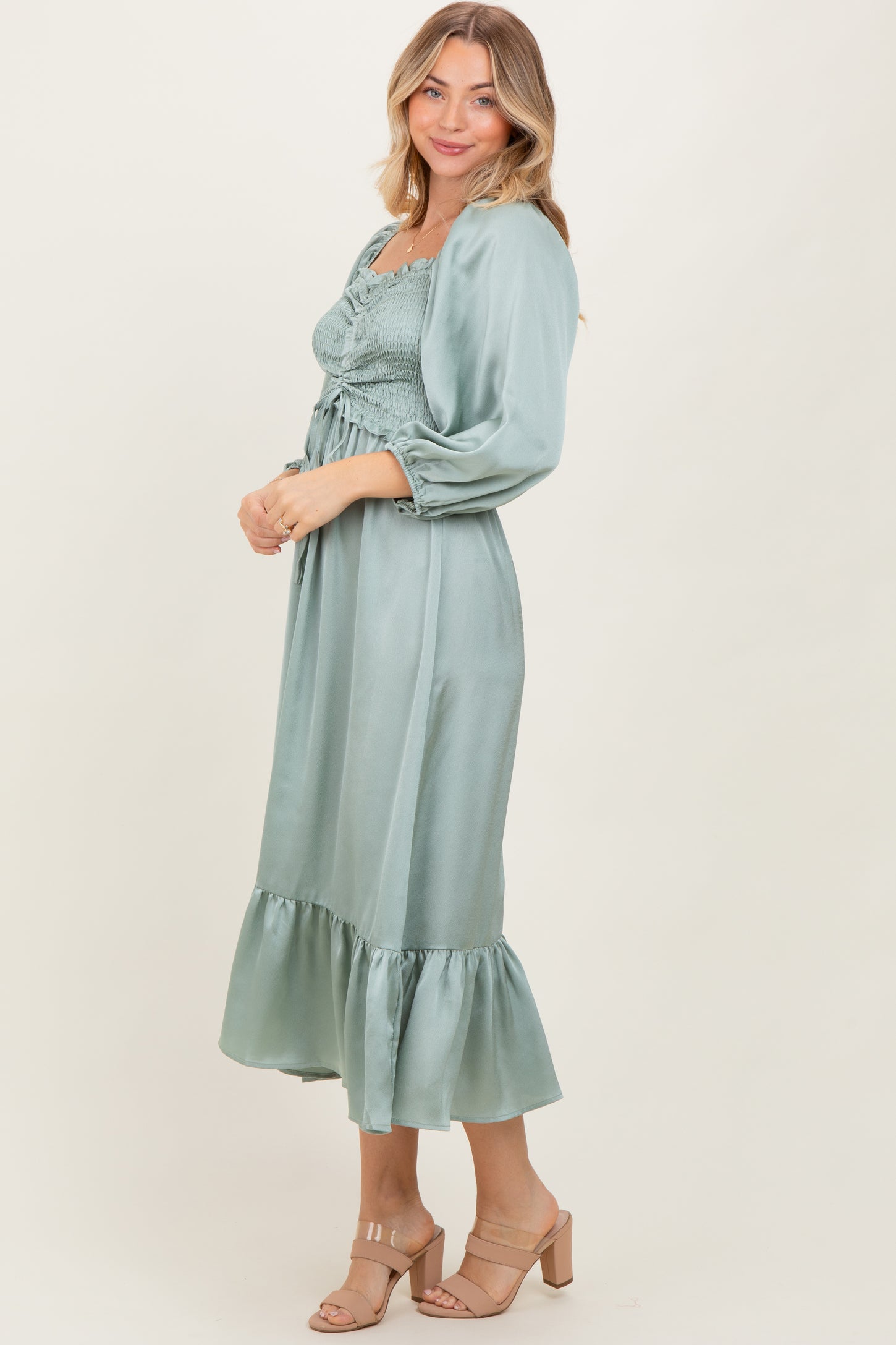 Light Olive Satin Smocked Cinched Bust Midi Dress