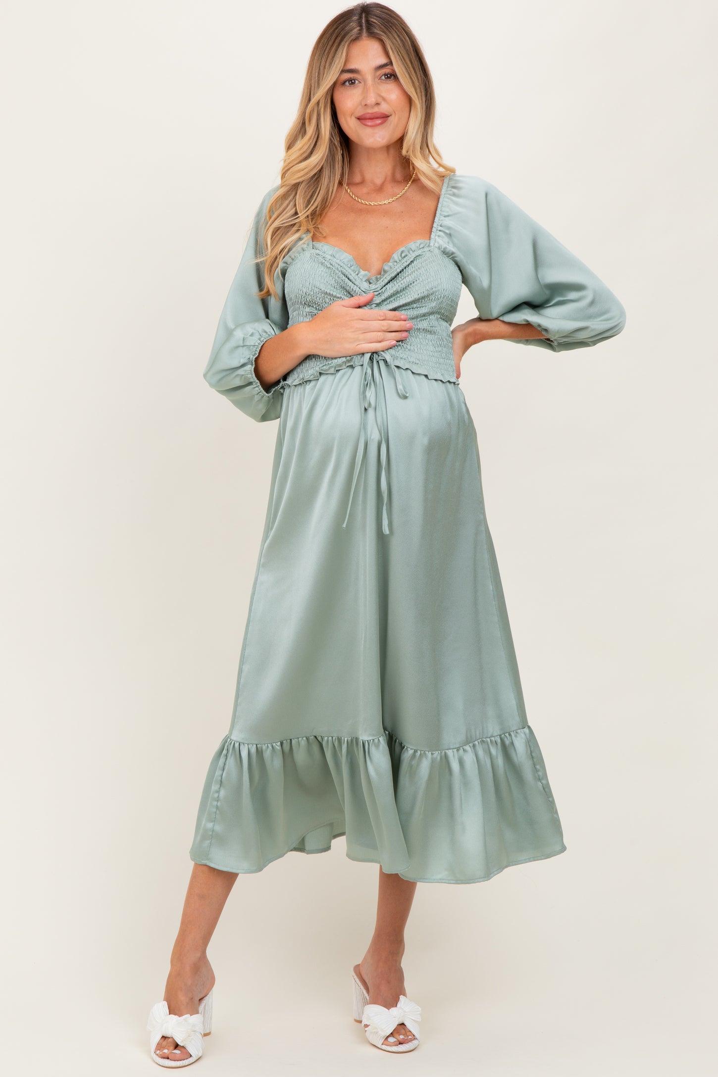 Light Olive Satin Smocked Cinched Bust Maternity Midi Dress