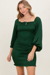 Green Satin Smocked Bubble Sleeve Maternity Mini Dress