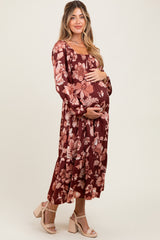 Burgundy Floral Smocked Long Sleeve Maternity Midi Dress