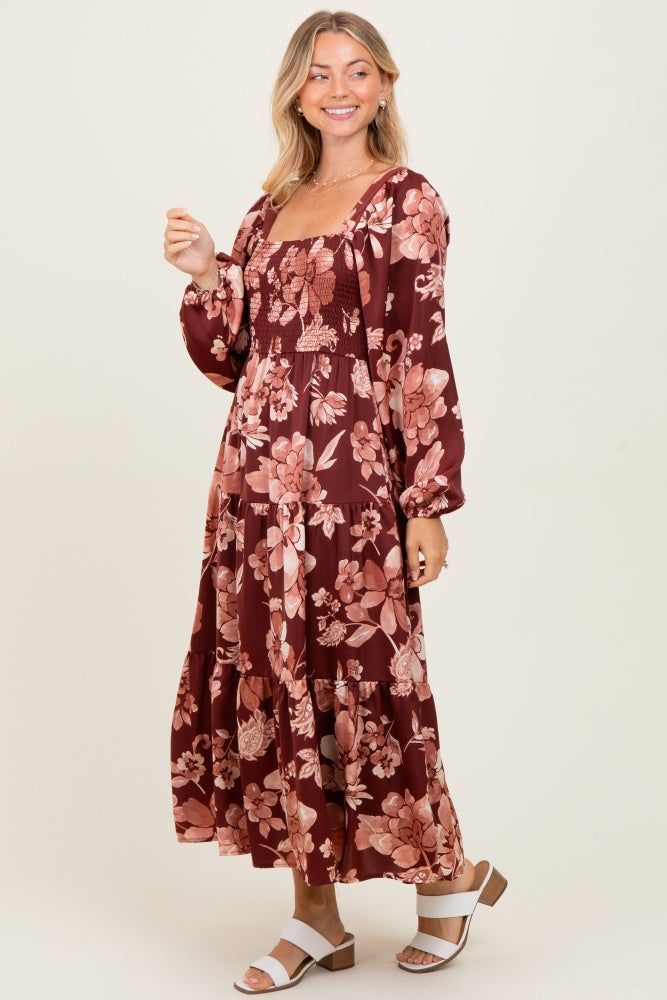 Burgundy Floral Smocked Long Sleeve Midi Dress